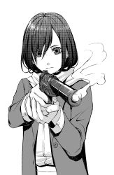 Rule 34 | 1girl, aiming, aiming at viewer, bad id, bad pixiv id, buttons, coat, commentary request, foreshortening, greyscale, gun, h&amp;k usp, hair between eyes, halftone, hamada youho, hand on hand, handgun, heckler &amp; koch, highres, holding, holding gun, holding weapon, looking at viewer, medium hair, monochrome, open clothes, open coat, original, scarf, simple background, smoke, smoking gun, solo, trigger discipline, upper body, weapon, white background
