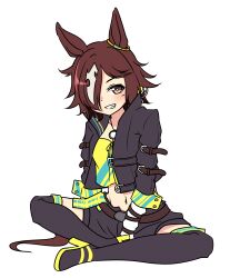 Rule 34 | 1girl, :d, absurdres, animal ears, belt, black footwear, black jacket, boots, brown eyes, brown hair, full body, hair over one eye, highres, horse ears, horse girl, horse tail, indian style, jacket, long hair, long sleeves, looking at viewer, midriff, milch puyo, navel, open mouth, shirt, simple background, sitting, smile, solo, stomach, stopwatch, stopwatch around neck, tail, thigh boots, umamusume, vodka (umamusume), white background, yellow shirt