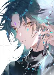 Rule 34 | 1boy, absurdres, alternate costume, black hair, earrings, expressionless, facial mark, forehead mark, genshin impact, glint, green hair, highres, jewelry, looking at viewer, male focus, multicolored hair, solo, sparkle, xiao (genshin impact), yellow eyes, zhumojian