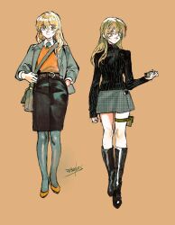 Rule 34 | 1girl, 203wolves, artist name, bag, belt, belt skirt, blonde hair, boots, brown background, casual, closed mouth, commentary request, deck of cards, full body, hand in pocket, highres, holding, holster, knee boots, long hair, long sleeves, looking at viewer, miniskirt, multiple views, necktie, open clothes, pantyhose, ribbed sweater, shoes, signature, simple background, skirt, sleeves rolled up, smile, standing, sweater, tenjouin asuka, thigh holster, yellow eyes, yu-gi-oh!, yu-gi-oh! gx