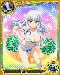 Rule 34 | 1girl, aqua eyes, bishop (chess), breasts, card (medium), character name, cheerleader, chess piece, cleavage, crop top, hanakai momo, high school dxd, large breasts, long hair, looking at viewer, midriff, miniskirt, navel, official art, open mouth, pom pom (cheerleading), silver hair, skirt, socks, solo, torn clothes, trading card, wavy hair