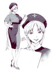 Rule 34 | 1girl, absurdres, braid, braided ponytail, breasts, clipboard, constellation print, cropped shoulders, dated, full body, hand on own hip, hat, high heels, highres, holding, holding clipboard, kamiyama aya, large breasts, long hair, looking at viewer, monochrome, nurse cap, parted bangs, parted lips, projected inset, puffy short sleeves, puffy sleeves, reading, short sleeves, signature, simple background, smile, solo, standing, touhou, two-tone dress, very long hair, white background, white hair, yagokoro eirin