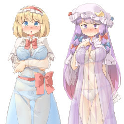 Rule 34 | 2girls, alice margatroid, arnest, bad id, bad pixiv id, blonde hair, blue bow, blue bra, blue dress, blue eyes, blue panties, blush, bow, bra, breast hold, breasts, capelet, commentary request, commission, dress, hair bow, hairband, hat, highres, long hair, looking at viewer, medium breasts, medium hair, mob cap, multiple girls, navel, panties, patchouli knowledge, purple dress, purple eyes, purple hair, purple headwear, red bow, red hairband, see-through, simple background, striped clothes, striped dress, touhou, underwear, white background, white bra, white capelet, white panties