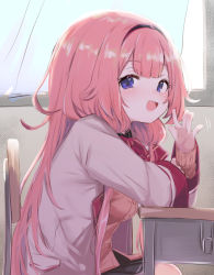 Rule 34 | 1girl, :d, absurdres, black hairband, blush, bow, bowtie, cardigan, chair, classroom, desk, fang, from side, hairband, highres, lab coat, long hair, long sleeves, looking at viewer, looking to the side, nijisanji, open mouth, pink hair, purple eyes, red bow, red bowtie, school chair, school desk, sitting, skin fang, smile, solo, suo sango, suo sango (1st costume), utsusumi kio, very long hair, virtual youtuber, waving