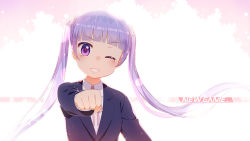 Rule 34 | 1girl, blush, copyright name, flower, hair flower, hair ornament, long hair, looking at viewer, new game!, parted lips, purple eyes, purple hair, smile, solo, suzukaze aoba, tearing up, twintails, zimajiang