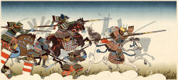 Rule 34 | 6+boys, armor, banner, border, brown hair, charging forward, chest armor, clenched teeth, closed mouth, commentary, english commentary, facial hair, from side, gloves, grass, helmet, holding, holding weapon, horse, multiple boys, naginata, official art, polearm, roland macdonald, running, sashimono, shoulder armor, silhouette, sitting, soldier, spear, striped, teeth, total war: shogun 2, weapon, white border, yari