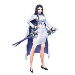 Rule 34 | 1girl, belt, breasts, expressionless, formal, full body, game cg, high heels, highres, invincible dragon (last origin), jacket, jacket on shoulders, kakiman, large breasts, last origin, long hair, looking at viewer, military, military uniform, multiple swords, multiple weapons, official art, pencil skirt, purple hair, skirt, skirt suit, solo, suit, sword, tachi-e, transparent background, uniform, weapon