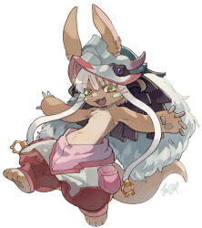 Rule 34 | 1other, :3, abuku, androgynous, animal ears, barefoot, blunt bangs, body fur, brown fur, claws, fake horns, fang, full body, hair between eyes, helmet, horizontal pupils, horned helmet, horns, looking at viewer, made in abyss, nanachi (made in abyss), open mouth, rabbit ears, sidelocks, signature, smile, solo, tail, whiskers, white background, white hair, yellow eyes