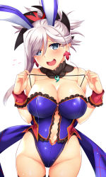 Rule 34 | 1girl, adapted costume, animal ears, asymmetrical hair, black thighhighs, blue eyes, blush, breasts, choker, earrings, fake animal ears, fate/grand order, fate (series), hair ornament, horosuke, jewelry, large breasts, leotard, magatama, miyamoto musashi (fate), navel, open mouth, pink hair, playboy bunny, ponytail, rabbit ears, simple background, solo, thigh gap, thighhighs, thighs, white background, wide hips