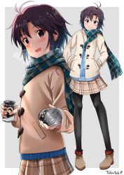 Rule 34 | 1girl, absurdres, antenna hair, artist name, black hair, blush, breath, can, canned coffee, coat, drink can, duffel coat, hands in pockets, highres, holding, holding can, idolmaster, idolmaster (classic), kikuchi makoto, miniskirt, multiple views, open mouth, pantyhose, plaid, plaid skirt, purple eyes, scarf, short hair, skirt, smile, standing, takatsuki p, winter clothes