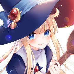 Rule 34 | 1girl, :p, ahoge, blonde hair, blue dress, blue eyes, blue hat, blue ribbon, blush, closed mouth, dress, hat, hat ornament, hat ribbon, highres, holding, holding spoon, long hair, looking at viewer, magic, miyabi 2201, puyopuyo, ribbon, simple background, solo, sparkle, sparkle background, spoon, thick eyelashes, tongue, tongue out, turtleneck, white background, witch, witch (puyopuyo), witch hat