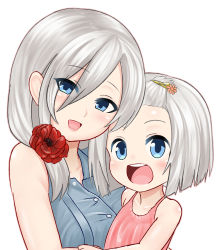 Rule 34 | 10s, 2girls, aged up, bangs pinned back, blue eyes, bob cut, eyes visible through hair, hamakaze (kancolle), highres, kantai collection, mother and daughter, multiple girls, outline, pink outline, simple background, sin (kami148), white background, white hair