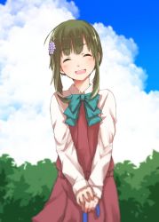 Rule 34 | 10s, 1girl, ^ ^, blurry, closed eyes, closed umbrella, cloud, day, flower, gradient background, green eyes, hair flower, hair ornament, happy, highres, kantai collection, md5 mismatch, open mouth, outdoors, pantyhose, resized, school uniform, short hair with long locks, solo, takanami (kancolle), tsukamoto minori, umbrella