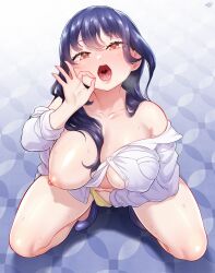 Rule 34 | 1girl, blue footwear, blue hair, blush, boku no kokoro no yabai yatsu, born-to-die, breasts, brown eyes, clothes pull, commission, commissioner upload, dark blue hair, eyebrows, eyelashes, eyes visible through hair, fellatio gesture, female focus, female masturbation, fingernails, from above, full body, hand under clothes, hand up, high heels, highres, large breasts, light blush, lips, long hair, long sleeves, looking at viewer, masturbation, navel, nipple slip, nipples, no bra, nude, one breast out, open mouth, panties, partially undressed, pussy juice, pussy juice drip, shirt, shirt pull, simple background, solo, spread legs, squatting, straight hair, suggestive gesture, sweat, teeth, thighs, tongue, underwear, upper teeth only, uvula, very long hair, white shirt, yamada anna, yellow panties