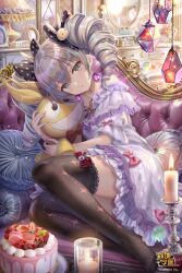 Rule 34 | 1girl, benghuai xueyuan, black bow, black thighhighs, bow, bow legwear, breasts, bronya zaychik, cake, candle, chestnut mouth, copyright notice, couch, crossed bangs, dress, dress bow, drill hair, earrings, food, frilled dress, frilled thighhighs, frills, gem, grey eyes, grey hair, hair between eyes, hair bow, hair ornament, highres, holding, holding stuffed toy, homu (honkai impact), honkai (series), indoors, jewelry, looking at viewer, lying, mirror, official art, on couch, on side, parted lips, pillow, purple dress, rabbit hair ornament, small breasts, stuffed toy, thighhighs, thighs, torino aqua, twin drills, twintails, white dress