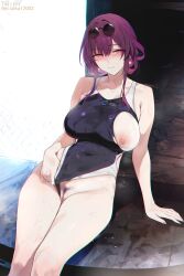 Rule 34 | 1girl, alternate costume, bare arms, bare shoulders, black one-piece swimsuit, blush, breasts, cleft of venus, closed mouth, clothing aside, competition swimsuit, covered navel, eyewear on head, female pubic hair, glasses, highres, honkai: star rail, honkai (series), kafka (honkai: star rail), large breasts, looking at viewer, misaka 12003-gou, nipples, one-piece swimsuit, pince-nez, pubic hair, purple eyes, purple hair, pussy, smile, solo, sunglasses, swimsuit, swimsuit aside, thighs, twitter username, wet