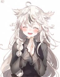 Rule 34 | 1girl, :d, animal ears, artist name, blush, braid, closed eyes, goth fashion, highres, long hair, looking at viewer, oomori (kswmr), open mouth, original, signature, simple background, smile, solo, white background