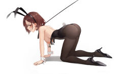 Rule 34 | 1girl, all fours, animal ears, bdsm, black footwear, black leotard, black pantyhose, breasts, breasts out, brown eyes, brown hair, bubble (pixiv51545000), chinese commentary, collar, commentary request, fake animal ears, fake tail, from side, full body, grimace, hair ornament, hairclip, hanging breasts, high heels, highres, higuchi madoka, idolmaster, idolmaster shiny colors, leash, leotard, looking at viewer, medium breasts, medium hair, nipple clamps, nipples, paid reward available, pantyhose, parted lips, pet play, playboy bunny, pumps, rabbit ears, rabbit tail, simple background, slave, solo, strapless, strapless leotard, tail, teeth, white background, wrist cuffs