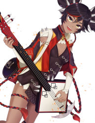 Rule 34 | 1girl, absurdres, black nails, braid, breasts, cleavage, cleavage cutout, clothing cutout, dark skin, dark-skinned female, genshin impact, guitar, highres, holding, holding instrument, instrument, looking at viewer, multicolored hair, nail polish, open mouth, red hair, reii ikumi, small breasts, smile, solo, spikes, streaked hair, twintails, white background, xinyan (genshin impact)