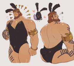 Rule 34 | 1boy, animal ears, armlet, ass, bara, beard, blank eyes, blush, bulge, byregot (ff14), character request, creature, cropped legs, crossdressing, facial hair, fake tail, ff14 ggyo, final fantasy, final fantasy xiv, full beard, gold, halo, halo behind head, highres, large pectorals, leg tattoo, legs together, looking ahead, looking at viewer, male focus, male playboy bunny, mature male, multiple views, muscular, muscular male, pectoral cleavage, pectorals, profile, rabbit ears, rabbit tail, short hair, skin tight, standing, strongman waist, tail, tattoo, thick beard, thick eyebrows, thick thighs, thighs, veins, veiny arms