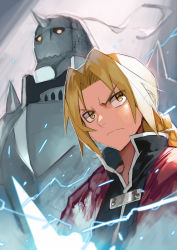Rule 34 | &gt;:(, 2boys, alphonse elric, armor, blonde hair, blurry, braid, brothers, depth of field, edward elric, electricity, frown, fullmetal alchemist, gaou (umaiyo puyoman), height difference, highres, horns, long hair, looking to the side, male focus, multiple boys, ponytail, serious, siblings, single braid, single horn, spikes, v-shaped eyebrows, yellow eyes