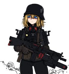 Rule 34 | 1girl, ammunition pouch, averting eyes, bags under eyes, black headwear, black jacket, black pants, blonde hair, blue eyes, brown gloves, bulletproof vest, character request, closed mouth, collared jacket, combat helmet, commentary request, constricted pupils, cowboy shot, facing viewer, formicid, gloves, gun, hair between eyes, helmet, holding, holding gun, holding weapon, jacket, jaggy lines, korean commentary, long sleeves, looking away, medium hair, messy hair, military, military jacket, military uniform, pants, pouch, simple background, soldier, solo, standing, trigger discipline, uniform, weapon, weapon request, white background, wolfenstein