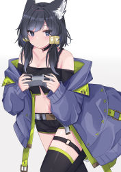 Rule 34 | 1girl, absurdres, animal ears, bare shoulders, black choker, black eyes, black hair, black shirt, black shorts, black thighhighs, blue jacket, bra strap, breasts, cat ears, character request, choker, cleavage, collarbone, commentary, controller, copyright request, crop top, game controller, gosong, gradient background, grey background, highres, holding, holding controller, holding game controller, jacket, long hair, long sleeves, looking at viewer, medium breasts, midriff, navel, off-shoulder shirt, off shoulder, shirt, short shorts, shorts, solo, stomach, thigh strap, thighhighs, thighs, white background