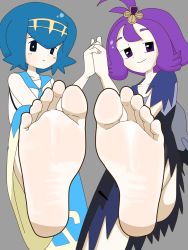 Rule 34 | 2girls, acerola (pokemon), artist request, barefoot, blue eyes, blush, creatures (company), deus 167567, feet, foot focus, game freak, highres, holding hands, lana (pokemon), looking at viewer, multiple girls, nintendo, pokemon, pokemon sm, purple eyes, purple hair, soles, toes