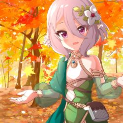 Rule 34 | 1girl, :d, ame., autumn leaves, bare shoulders, blush, collarbone, commentary request, detached sleeves, dress, flower, hair between eyes, hair flower, hair ornament, highres, kokkoro (princess connect!), long sleeves, looking at viewer, open mouth, pointy ears, princess connect!, puffy long sleeves, puffy sleeves, purple eyes, see-through, see-through sleeves, silver hair, sleeveless, sleeveless dress, smile, solo, tree, upper body, white dress