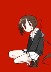 Rule 34 | 1girl, absurdres, arms between legs, black serafuku, bow, brown hair, closed mouth, expressionless, eyelashes, from side, grey neckerchief, hair between eyes, hair bow, highres, kokaki mumose, koto (kyousougiga), kyousougiga, loafers, long hair, long sleeves, looking at viewer, low ponytail, neckerchief, pleated skirt, raised eyebrows, red background, red bow, red eyes, sailor collar, school uniform, serafuku, shoes, skirt, solo, squatting, tiptoes, turning head, white sailor collar, white skirt
