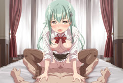 Rule 34 | 1boy, 1girl, absurdres, bow, bowtie, breasts, brown skirt, brown thighhighs, censored, collared shirt, cowgirl position, frilled skirt, frills, girl on top, green eyes, green hair, hair ornament, hairclip, heart, heart in eye, hetero, highres, indoors, kantai collection, long hair, lying, medium breasts, miniskirt, mosaic censoring, nipples, on back, pov, red bow, red bowtie, school uniform, sex, shirt, skirt, solo focus, squatting cowgirl position, straddling, suzuya (kancolle), suzuya kai ni (kancolle), symbol in eye, thighhighs, vaginal, white shirt