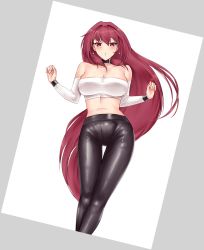 Rule 34 | 1girl, :o, breasts, cleavage, crimecrime, earrings, fate/grand order, fate (series), hair intakes, highres, jewelry, large breasts, leather, leather pants, long hair, looking at viewer, navel, pants, purple hair, red eyes, scathach (fate), shiny clothes, solo, strapless, tube top, white tube top