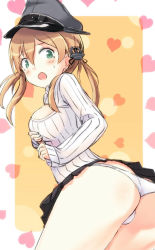 Rule 34 | 10s, 1girl, alternate costume, anchor hair ornament, ass, bad id, blonde hair, breasts, cleavage cutout, clothing cutout, commentary request, engiyoshi, green eyes, hair ornament, hat, heart, kantai collection, long hair, looking at viewer, medium breasts, meme attire, open-chest sweater, open mouth, panties, peaked cap, prinz eugen (kancolle), ribbed sweater, solo, sweater, twintails, underwear, white panties