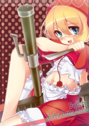 Rule 34 | 1girl, apron, blonde hair, bloomers, blue eyes, bulleta, capcom, cape, dress, english text, engrish text, fang, ghost-cure, gun, hood, knife, midriff, navel, open mouth, ranguage, sitting, smile, solo, underwear, vampire (game), weapon