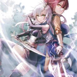Rule 34 | 2girls, back-to-back, breasts, crop top, cropped jacket, double-parted bangs, dual wielding, eiyuu densetsu, elbow gloves, fie claussell, fingerless gloves, gloves, green eyes, hair between eyes, highres, holding, holding sword, holding weapon, large breasts, light rays, long hair, looking at viewer, madou zakura, multiple girls, navel, sara valestein, sen no kiseki, sen no kiseki iii, sidelocks, sleeves rolled up, small breasts, smile, sunbeam, sunlight, sword, thighhighs, weapon, yellow eyes