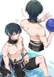 Rule 34 | ..., 1boy, abs, ball, black male swimwear, black swim trunks, blue eyes, blue hair, bracelet, byleth (fire emblem), byleth (male) (fire emblem), cape, closed mouth, dagger, fire emblem, fire emblem: three houses, fire emblem heroes, from behind, from side, highres, holding, holding ball, jewelry, knife, male focus, male swimwear, nasubi06, nintendo, sheath, sheathed, short hair, sitting, swim trunks, swimsuit, water, water gun, weapon, white background