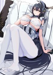 Rule 34 | 1girl, azur lane, bed, breasts, cleavage, feet, frills, indomitable (azur lane), indomitable (ms. motivationless maid) (azur lane), knees together feet apart, knees up, large breasts, legs, long hair, maid, maid headdress, no shoes, pantyhose, pillow, solo, toes, tsunagi123, underboob