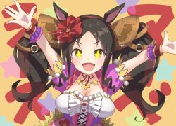 Rule 34 | + +, 1girl, animal ears, black hair, breasts, center frills, cleavage, commentary request, cross-laced clothes, cross-laced dress, dress, fang, flower, frills, hair flower, hair ornament, hairband, highres, horse ears, horse girl, large breasts, looking at viewer, marvelous sunday (umamusume), nokora (otonarinoco), open mouth, orange background, puffy short sleeves, puffy sleeves, purple dress, red hairband, short sleeves, smile, twintails, umamusume, wrist cuffs, yellow eyes
