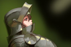 Rule 34 | 1girl, armor, black background, blurry, brown hair, commentary request, copyright request, from side, full armor, gradient background, green background, helm, helmet, highres, jiro (ninetysix), plate armor, profile, solo, upper body, visor (armor)