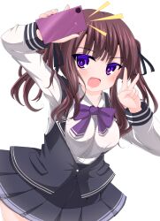 Rule 34 | 1girl, arm up, black ribbon, black skirt, black vest, blush, bow, breasts, brown hair, cellphone, collared shirt, commentary request, dress shirt, hair between eyes, hair ribbon, hand up, highres, holding, holding phone, kanijiru, long hair, long sleeves, looking at viewer, mole, mole under eye, natsuki karin, notice lines, phone, pleated skirt, purple bow, purple eyes, ribbon, shirt, simple background, skirt, small breasts, solo, synthesizer v, twintails, v, vest, white background, white shirt
