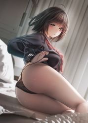 Rule 34 | 1girl, :o, ahoge, ass, ass focus, bed, bed sheet, black hair, black panties, blunt bangs, blush, bottomless, breasts, curtains, embarrassed, feet out of frame, from behind, highres, indoors, long sleeves, looking at viewer, looking back, medium breasts, nanaken nana, neckerchief, no pants, on bed, open mouth, original, panties, panty pull, pillow, sailor collar, school uniform, short hair, solo, tagme, thighs, underwear, yellow eyes