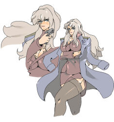 Rule 34 | 1girl, 2024, arms under breasts, balalaika (black lagoon), black lagoon, black nails, blonde hair, blue coat, blue eyes, breasts, burn scar, cleavage, coat, coat on shoulders, collarbone, collared shirt, commentary, cropped legs, cropped torso, crossed arms, female focus, floating clothes, formal, garter straps, hair over shoulder, high collar, highres, holding, holding pistol, holding weapon, huge breasts, karyoten, long hair, looking at viewer, pencil skirt, red skirt, red suit, scar, scar on chest, scar on face, shirt, side slit, sidelocks, sideways glance, skirt, solo, standing, suit, thick thighs, thighs, trench coat, weapon, zoom layer