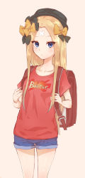 Rule 34 | 1girl, abigail williams (fate), absurdres, alternate costume, backpack, bag, bareru, black bow, black hat, blonde hair, blue eyes, blue shorts, bow, brown background, buster shirt, closed mouth, clothes writing, collarbone, commentary request, crossed bandaids, fate/grand order, fate (series), hair bow, hat, highres, long hair, looking at viewer, orange bow, parted bangs, randoseru, red shirt, shirt, short shorts, short sleeves, shorts, simple background, solo, very long hair