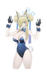 Rule 34 | 1girl, absurdres, alternate costume, animal ears, bare shoulders, blue archive, blue bow, blue eyes, blue leotard, blush, bow, breasts, cameltoe, collarbone, detached collar, echj, gloves, hair bow, hair bun, halo, highres, kanna (blue archive), large breasts, leotard, looking to the side, pale skin, rabbit tail, sidelocks, simple background, smile, solo, tail, white background, wrist cuffs
