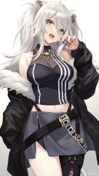 Rule 34 | 1girl, :d, animal ears, asymmetrical clothes, bare shoulders, black jacket, black nails, black pantyhose, black shirt, breasts, claw pose, cleavage, cowboy shot, fangs, fingernails, fur trim, grey eyes, grey skirt, guchico, highleg, highres, hololive, jacket, jewelry, large breasts, lion ears, long hair, long sleeves, looking at viewer, midriff, miniskirt, nail polish, navel, necklace, off shoulder, open clothes, open jacket, open mouth, pantyhose, see-through, see-through cleavage, sharp fingernails, shirt, shishiro botan, shishiro botan (1st costume), silver hair, single leg pantyhose, single pantsleg, skirt, sleeveless, sleeveless shirt, smile, solo, tail, two side up, virtual youtuber