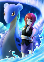 Rule 34 | 1girl, bare arms, bare shoulders, bracelet, breasts, cleavage, creatures (company), crossed arms, elite four, game freak, gen 1 pokemon, glasses, ice, iceberg, jewelry, lapras, large breasts, long hair, lorelei (pokemon), miniskirt, nintendo, pokemon, pokemon (creature), pokemon frlg, ponytail, red eyes, red hair, skirt, sleeveless, standing