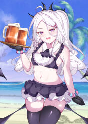 Rule 34 | 1girl, ahoge, alcohol, alternate costume, ascot, beach, beer, beer mug, black gloves, blue archive, blue sky, blurry, commentary request, cup, depth of field, detached collar, frilled skirt, frills, gloves, hair ornament, hairclip, halo, highres, hina (blue archive), holding, holding tray, horizon, long hair, looking at viewer, mug, navel, ocean, outdoors, ponytail, purple eyes, revision, scrunchie, sidelocks, skirt, sky, sleeveless, solo, stomach, sumikoto, tray, waitress, white hair, wrist scrunchie
