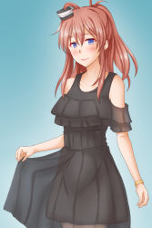 Rule 34 | 1girl, alternate costume, anti (untea9), black dress, blue background, blue eyes, bracelet, brown hair, commission, cowboy shot, dress, gradient background, highres, jewelry, kantai collection, long hair, looking at viewer, ponytail, saratoga (kancolle), side ponytail, sidelocks, skirt hold, smokestack hair ornament, solo