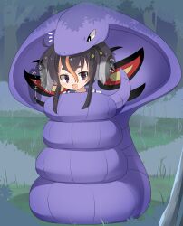 Rule 34 | 1girl, arbok, black hair, blush, commentary request, constriction, creatures (company), crossover, forest, forked tongue, game freak, gen 1 pokemon, grass, highres, kantai collection, lets0020, medium bangs, nature, nintendo, open mouth, pokemon, pokemon (creature), purple eyes, short hair with long locks, smile, snake, tokitsukaze (kancolle), tongue, translation request, upper body