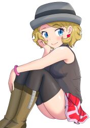Rule 34 | 1girl, absurdres, blonde hair, blue eyes, blush, boots, bracelet, breasts, brown footwear, closed mouth, commentary request, creatures (company), earrings, eyelashes, from side, game freak, grey hat, hand up, hat, highres, jewelry, maho (corotonton5150), medium breasts, nintendo, pokemon, pokemon (anime), pokemon journeys, pokemon swsh105, red skirt, serena (pokemon), short hair, simple background, sitting, skirt, smile, solo, sweater vest, thighhighs, thighs, white background, zipper